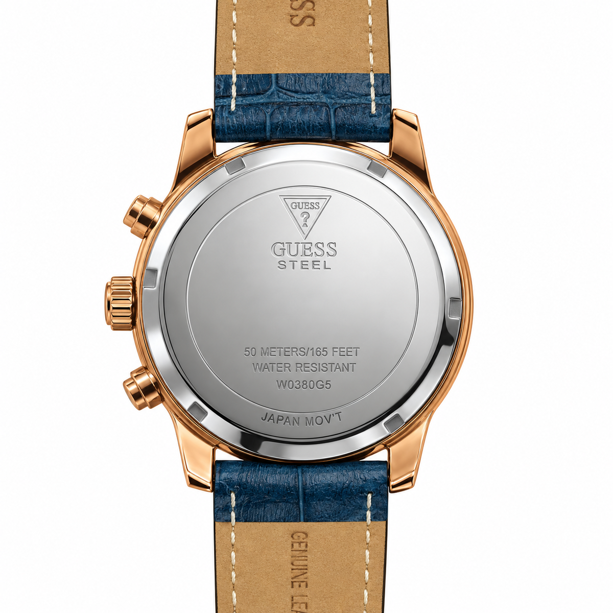 Orologio Guess W0380G5 con quadrante blu, dettagli oro rosa e cinturino in pelle
