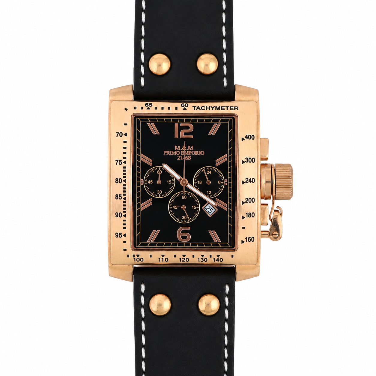 Orologio M&M Primo Emporio 21-68 Cronografo Tachimetro Rose Gold - Quadrante Nero e Cinturino Borchiato