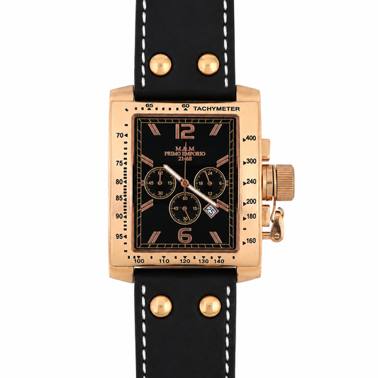 Orologio M&M Primo Emporio 21-68 Cronografo Tachimetro Rose Gold - Quadrante Nero e Cinturino Borchiato
