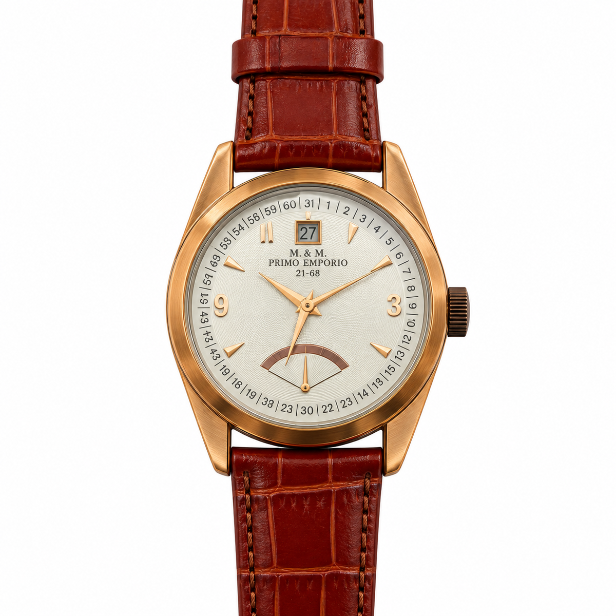 M.&M. Primo Emporio 21-68 orologio uomo cushion rose gold quadrante guillochè scala periferica grande data mezzaluna cinturino coccodrillo cognac