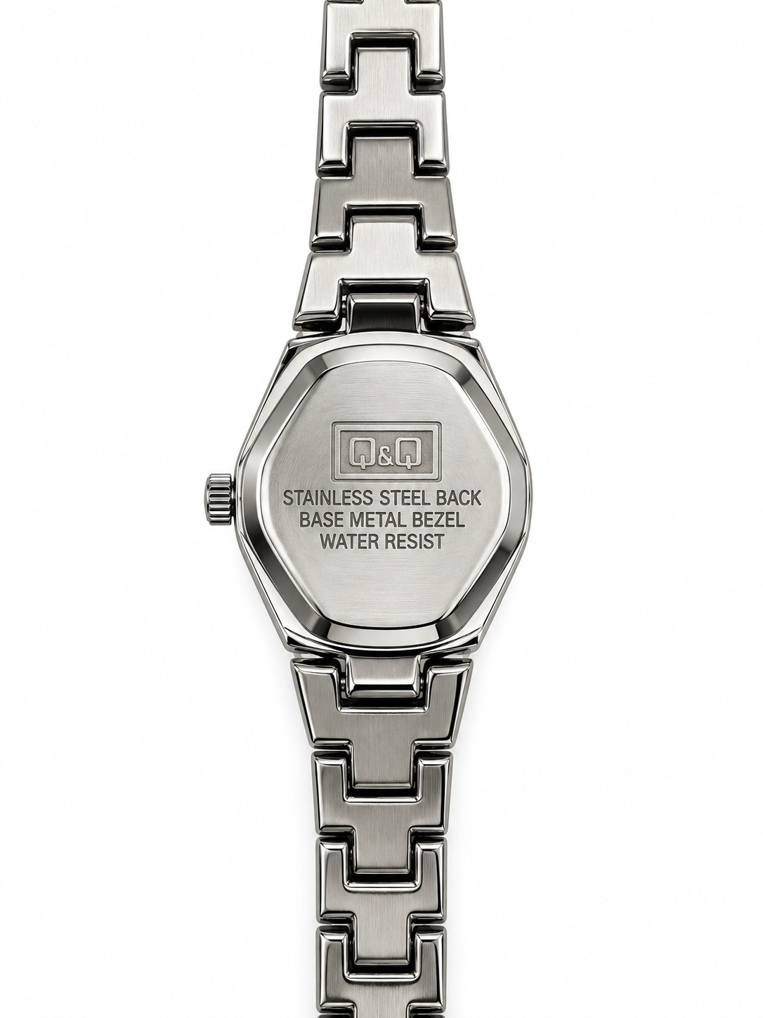 Orologio Q&Q argentato con quadrante bianco e dettagli luminosi sul bracciale