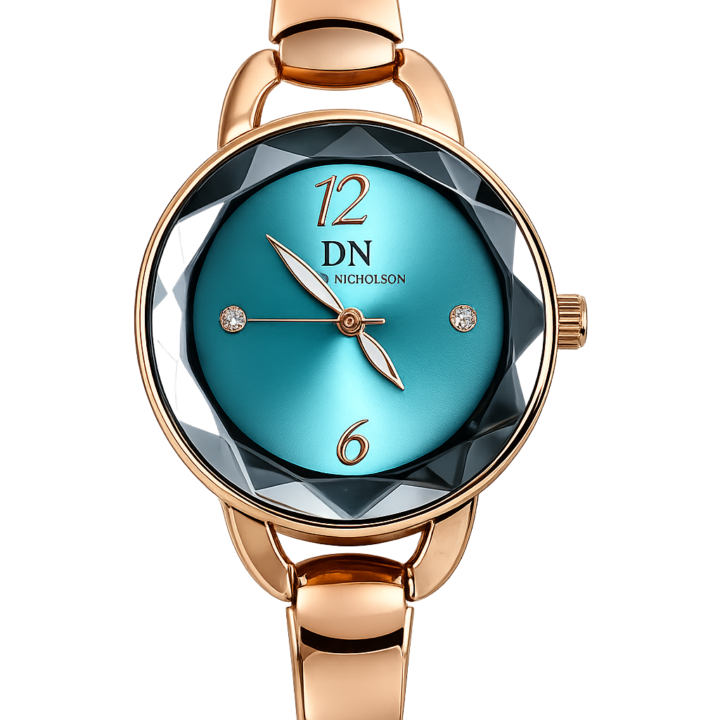 David Nicholson DN – Orologio Donna Quarzo Vetro Sfaccettato Fumé Quadrante Turchese e Bracciale Rigido Oro Rosa