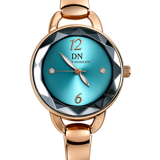 David Nicholson DN – Orologio Donna Quarzo Vetro Sfaccettato Fumé Quadrante Turchese e Bracciale Rigido Oro Rosa