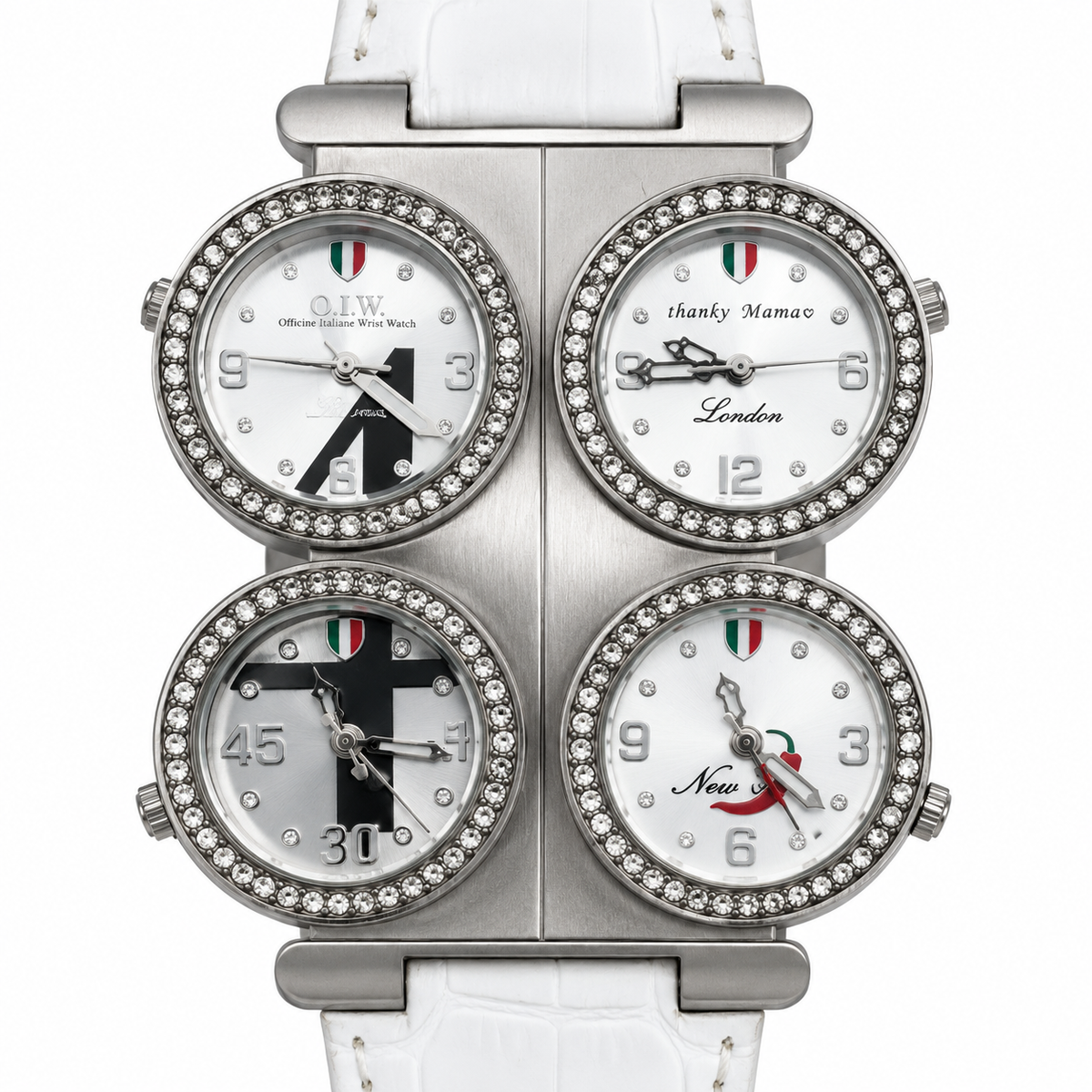 Orologio O.I.W. con quattro quadranti chiari, cornici brillanti, struttura argentata e cinturino bianco