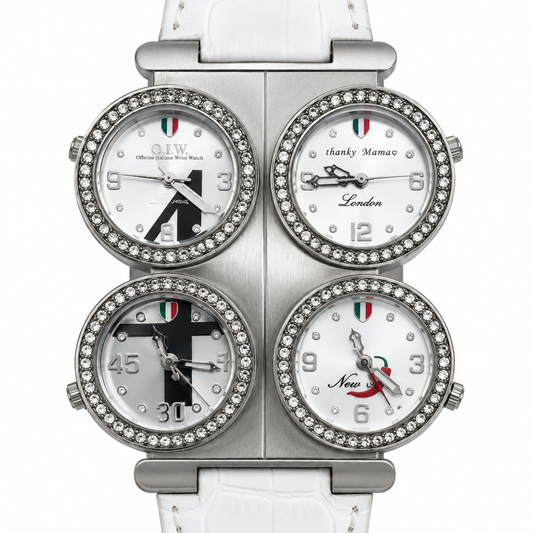 Orologio O.I.W. con quattro quadranti chiari, cornici brillanti, struttura argentata e cinturino bianco