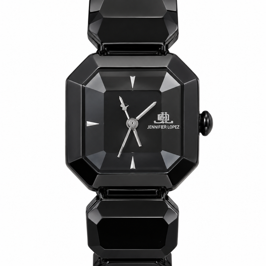Orologio Jennifer Lopez nero con cassa sfaccettata e bracciale a maglie geometriche