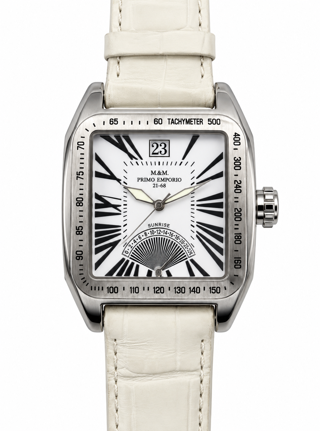 Orologio M&M Primo Emporio 21-68 Sunrise quadrato bianco tachimetro 3 scale indicatore alba ventaglio grande data cinturino pelle bianca coccodrillo