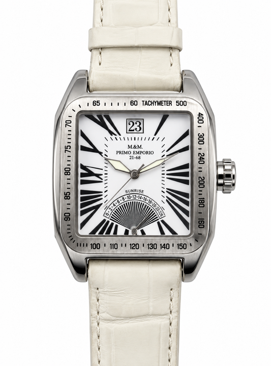 Orologio M&M Primo Emporio 21-68 Sunrise quadrato bianco tachimetro 3 scale indicatore alba ventaglio grande data cinturino pelle bianca coccodrillo