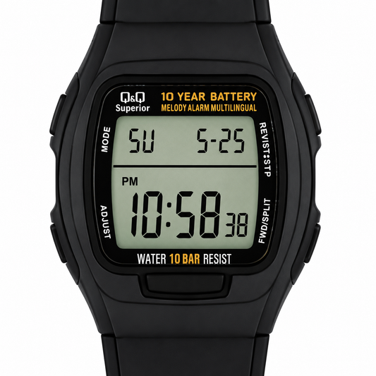 Q&Q Superior Orologio Digitale Uomo – Total Black Batteria 10 Anni Melody Alarm WR 10 Bar