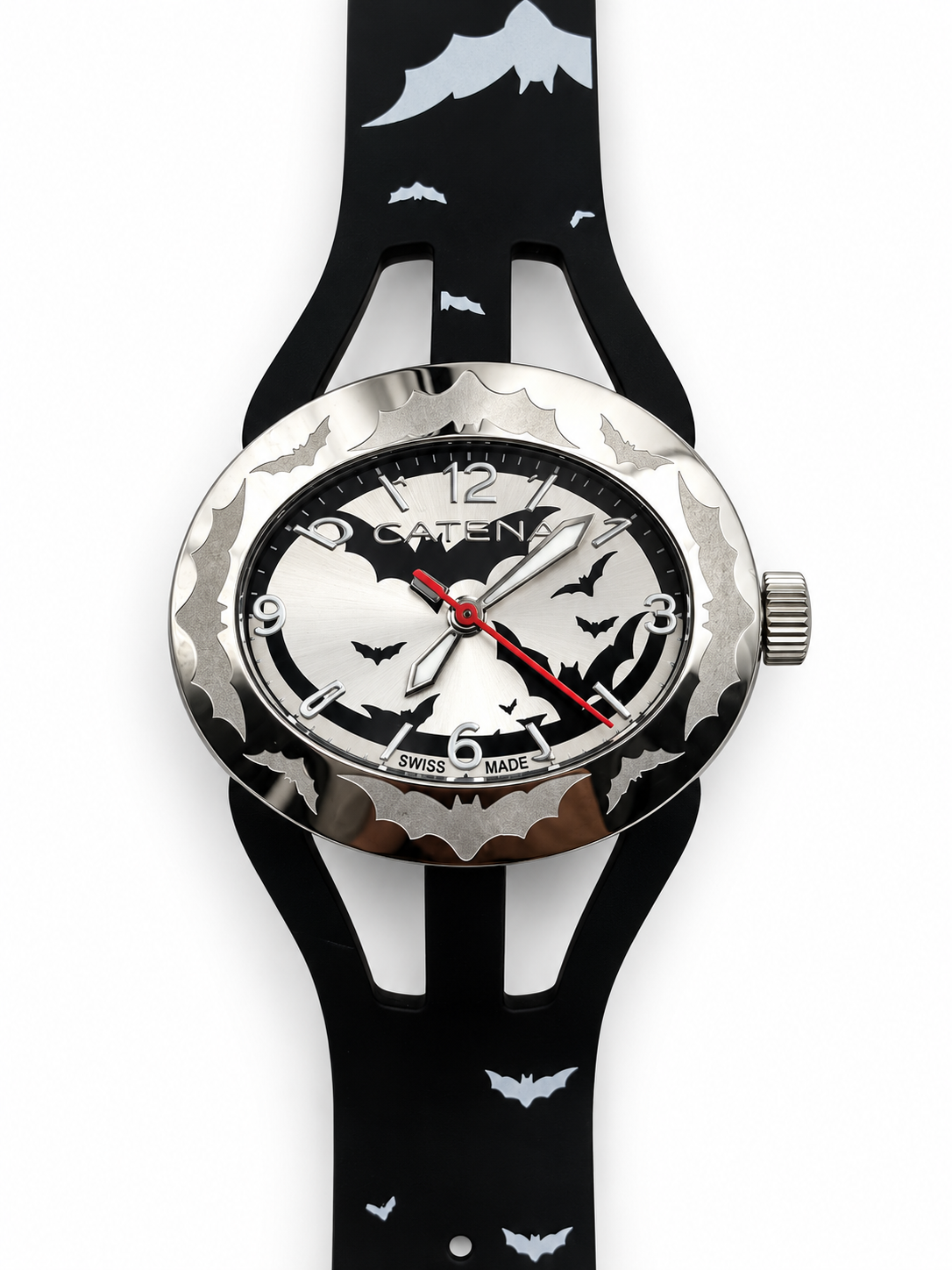 Orologio Catena SwisSpace S912 con pipistrelli e cinturino nero traforato