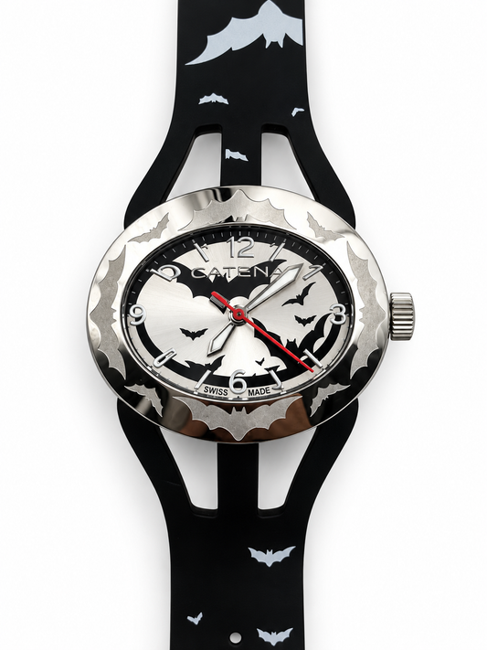 Orologio Catena SwisSpace S912 con pipistrelli e cinturino nero traforato