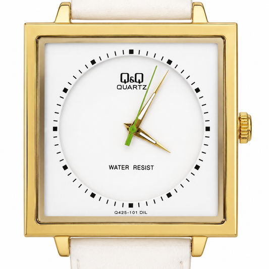 Q&Q Quartz – Orologio Unisex Cassa Gold Quadrante Bianco Lancette Verdi