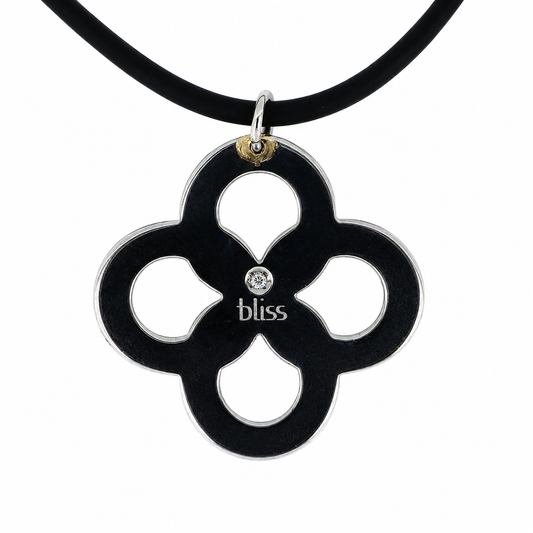 Bliss – Collana Quadrifoglio Acciaio con Cristallo e Cordino Nero