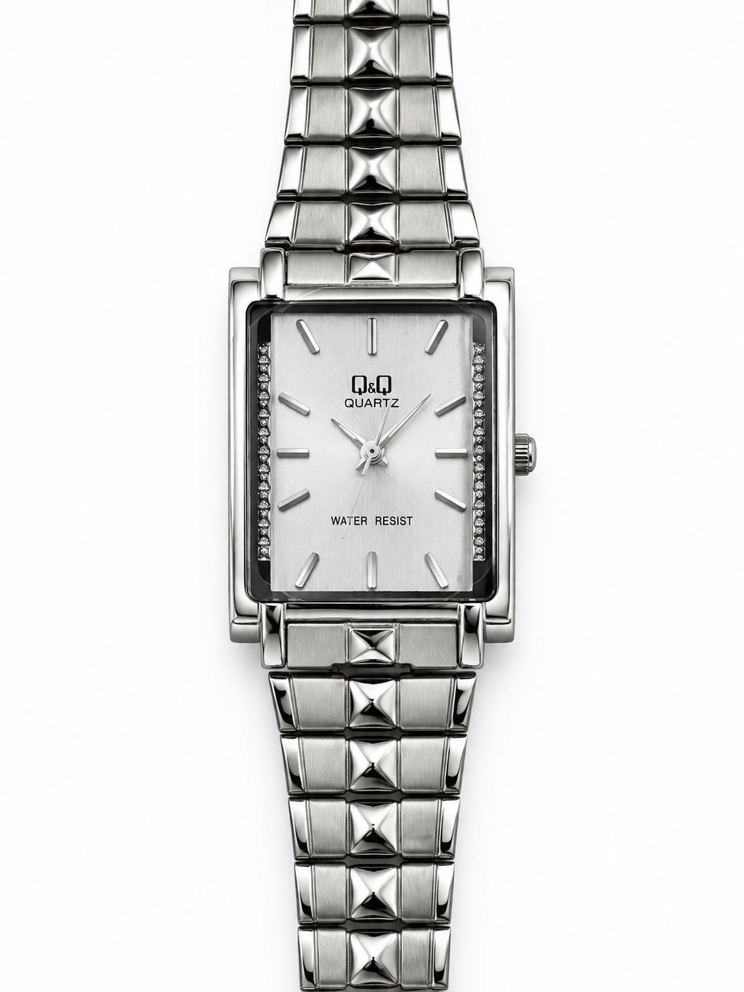 Orologio Donna Q&Q Rettangolare Argentato con Dettagli Brillanti e Bracciale Geometrico
