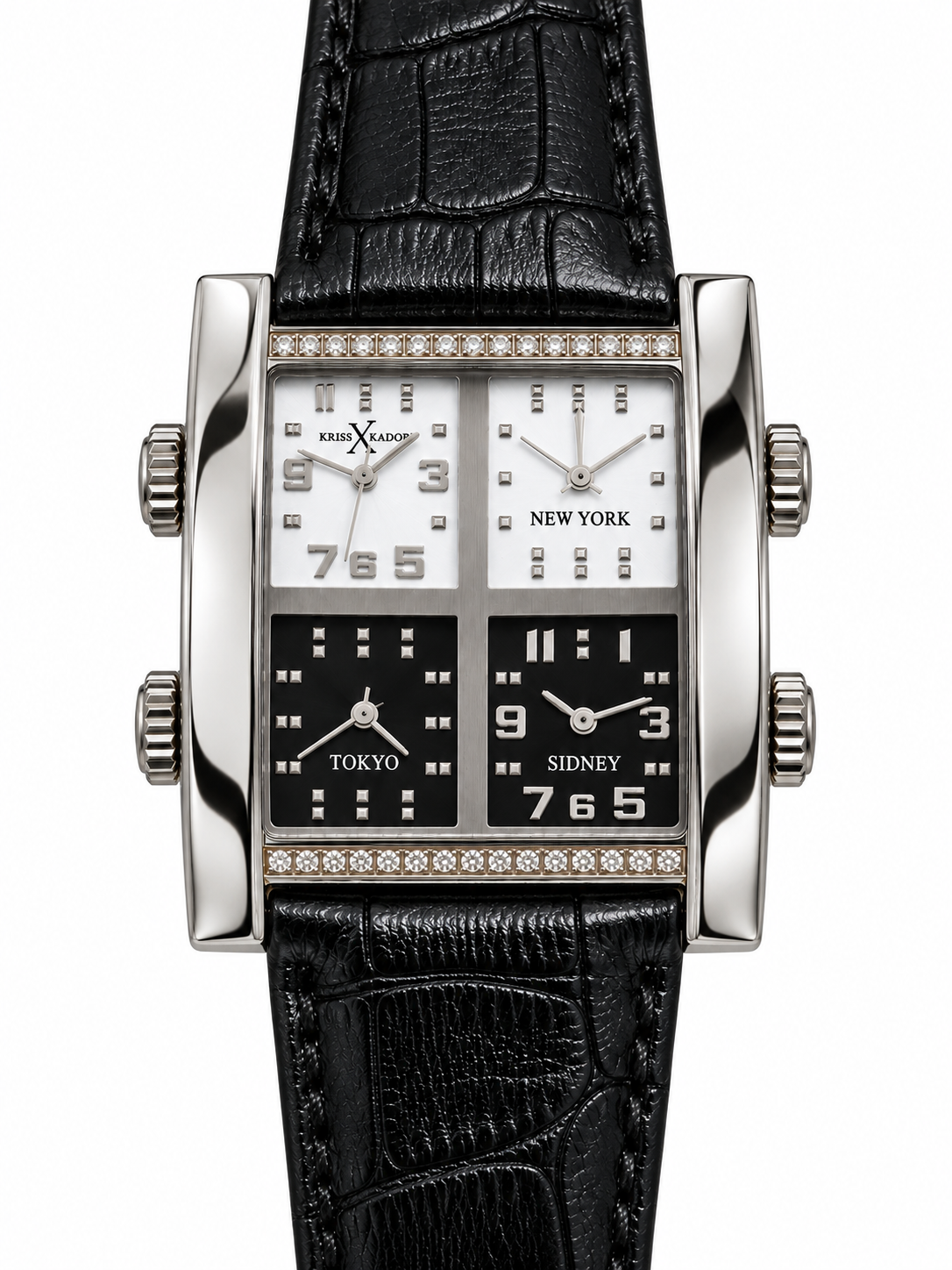Orologio Kriss Kador con quattro quadranti chiari e neri, cassa rettangolare color argento e cinturino nero effetto coccodrillo