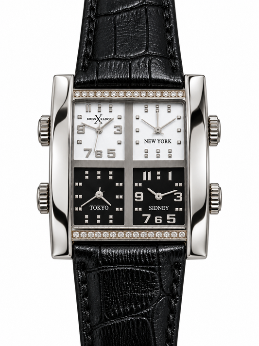 Orologio Kriss Kador con quattro quadranti chiari e neri, cassa rettangolare color argento e cinturino nero effetto coccodrillo