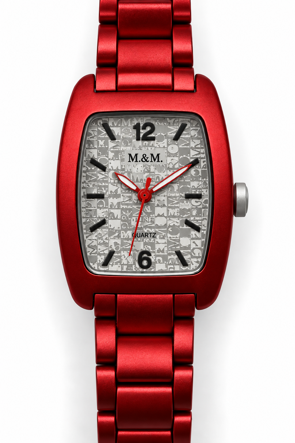 M.&M. Primo Emporio orologio unisex total red alluminio anodizzato cassa tonneau bracciale quadrante argento monogramma M&M lancette rosse