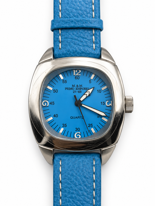 Orologio M&M Primo Emporio 21-68 azzurro con cassa argentata e cuciture a contrasto