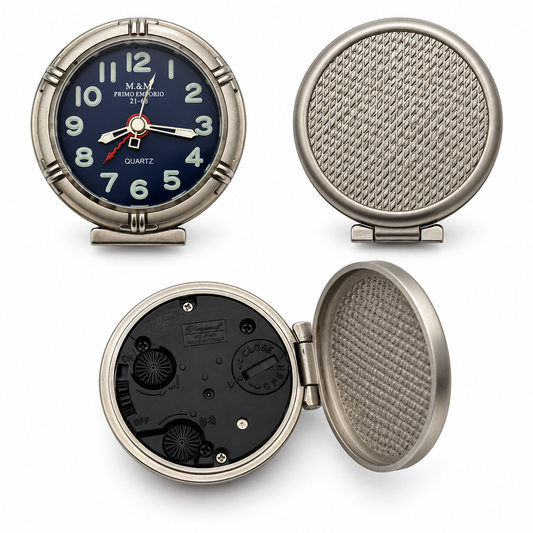 Sveglia da tavolo M&M Primo Emporio 21-68 vintage tonda quadrante blu fronte retro e meccanismo