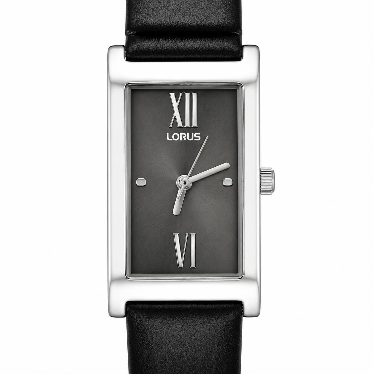 Lorus Orologio Donna Rettangolare Argento Quadrante Grigio Numeri Romani Cinturino Pelle Nera
