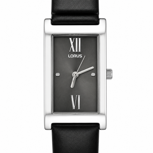 Lorus Orologio Donna Rettangolare Argento Quadrante Grigio Numeri Romani Cinturino Pelle Nera