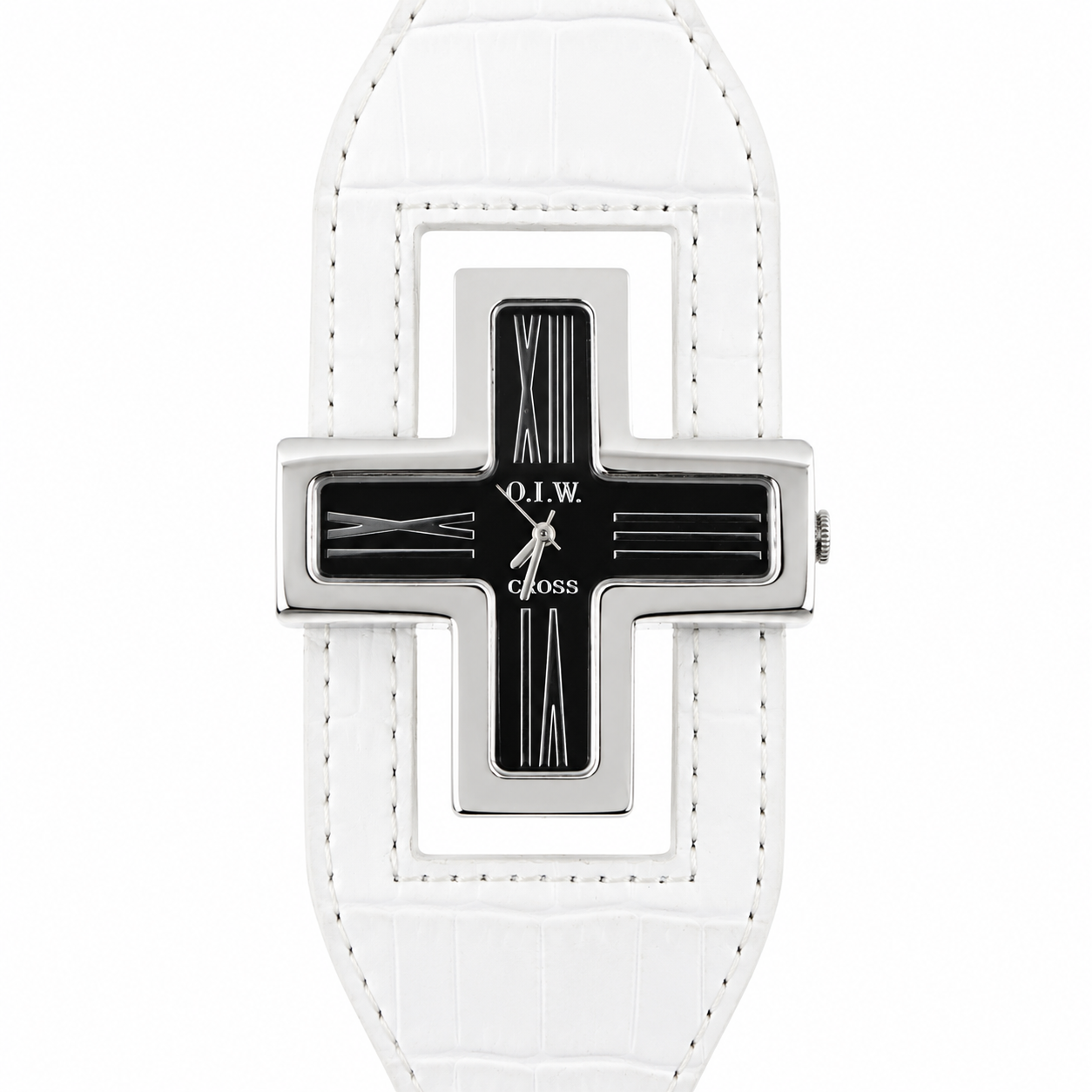 O.I.W. Cross Black - Orologio Donna Cassa a Croce Argento Quadrante Nero Cinturino Pelle Bianco