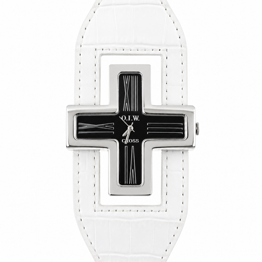 O.I.W. Cross Black - Orologio Donna Cassa a Croce Argento Quadrante Nero Cinturino Pelle Bianco