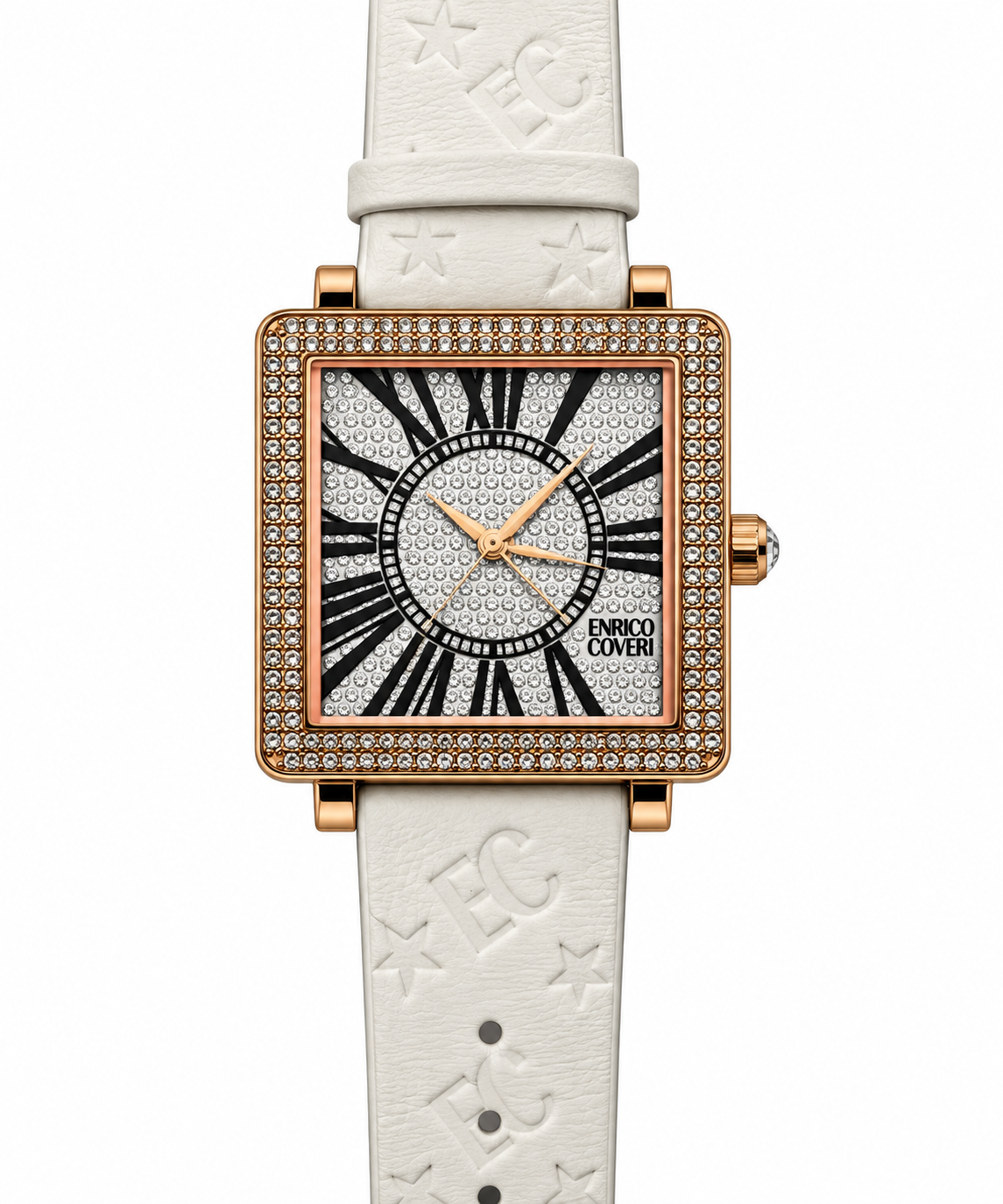Enrico Coveri – Orologio Donna Full Pavé Cristalli Numeri Romani Rose Gold Cinturino Bianco