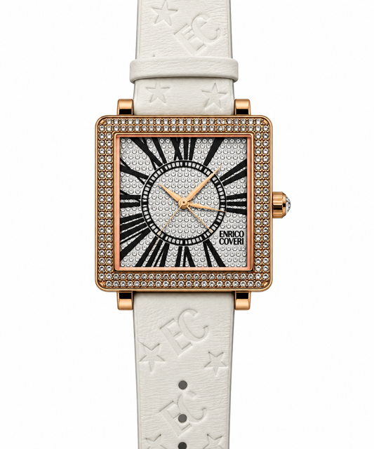 Enrico Coveri – Orologio Donna Full Pavé Cristalli Numeri Romani Rose Gold Cinturino Bianco