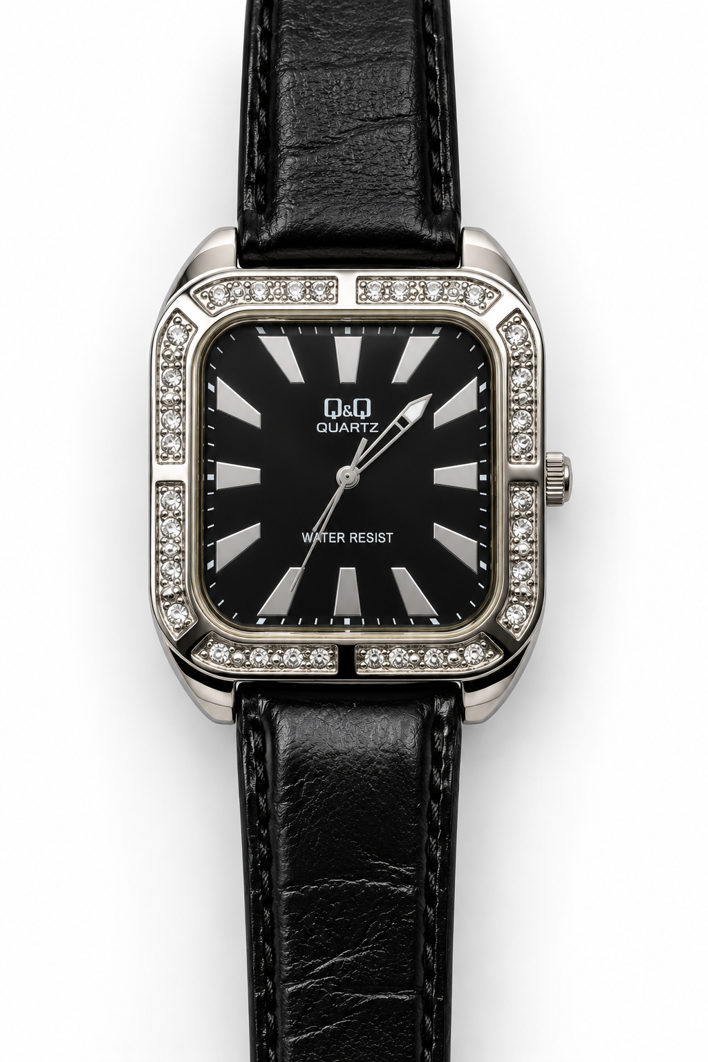 Q&Q Quartz orologio donna cassa rettangolare silver cristalli angoli quadrante nero cinturino pelle coccodrillo nero lucido total black