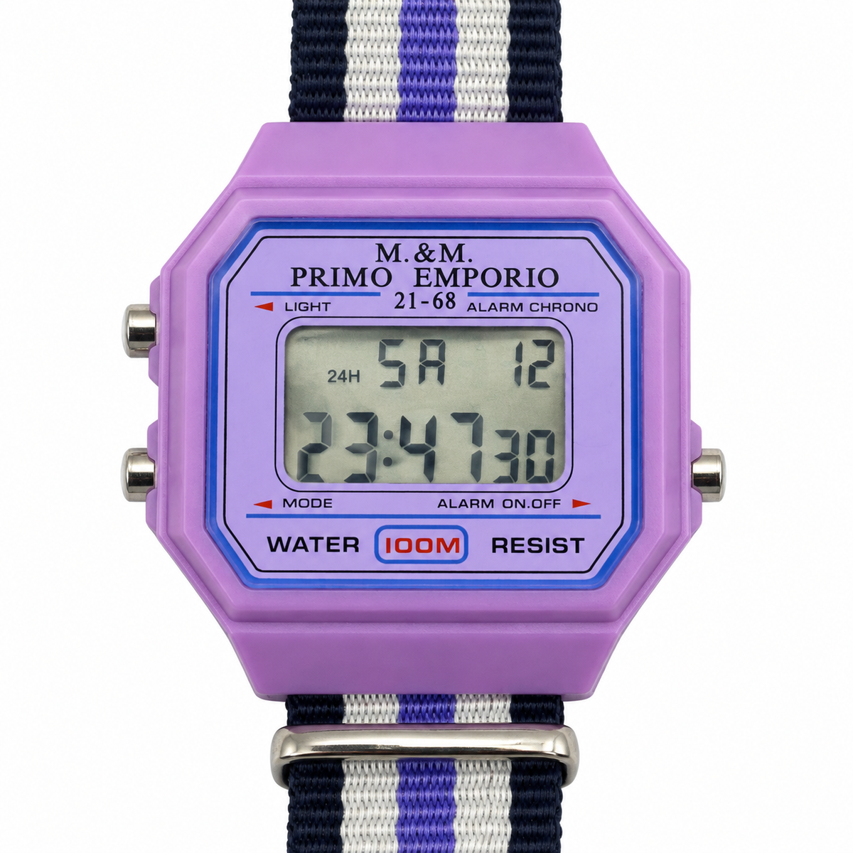 Orologio digitale M&M Primo Emporio 21-68 lilla con cinturino in tessuto a righe blu scuro, bianche e viola, vista frontale