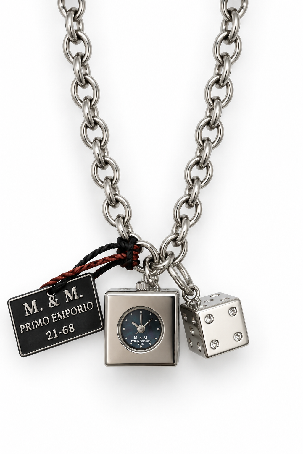 M.&M. Primo Emporio 21-68 — Collana Charm Targhetta Logo Mini Orologio Cubo Dado Cristalli Catena Rolo Gold e Silver