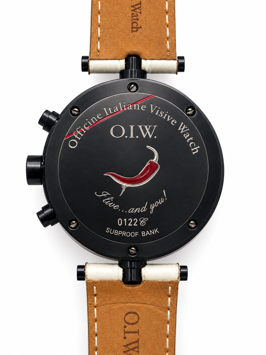 Orologio O.I.W. con quadrante illustrato multicolore, cassa nera e cinturino bianco