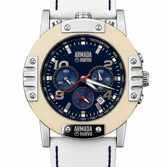 Armada Nueva cronografo quadrante blu notte bezel champagne tachimetro cinturino pelle bianca cucitura blu