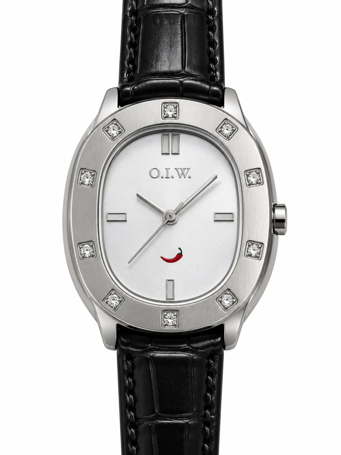 Orologio O.I.W. ovale argentato con punti luce e cinturino nero