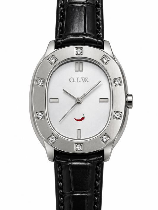 Orologio O.I.W. ovale argentato con punti luce e cinturino nero