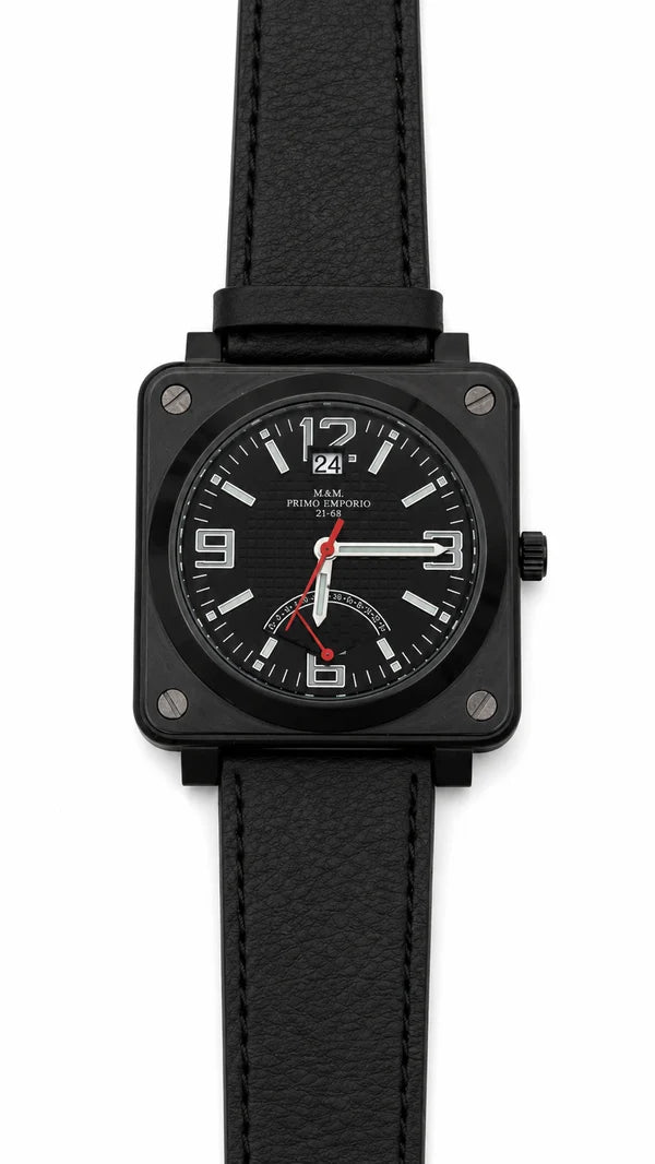 M&M Primo Emporio 21-68 – Orologio Uomo Quadrato Carbonio Piccoli Secondi, Cassa Trasparente o Nera