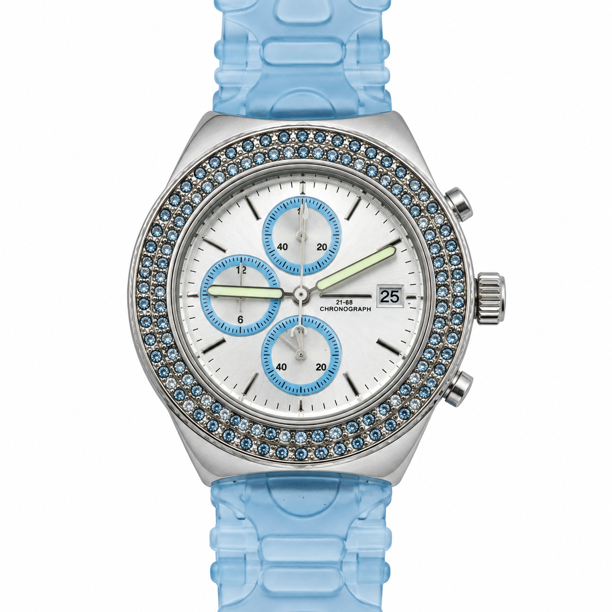 Orologio cronografo con quadrante chiaro, tre contatori azzurri, lunetta brillante e cinturino azzurro traslucido