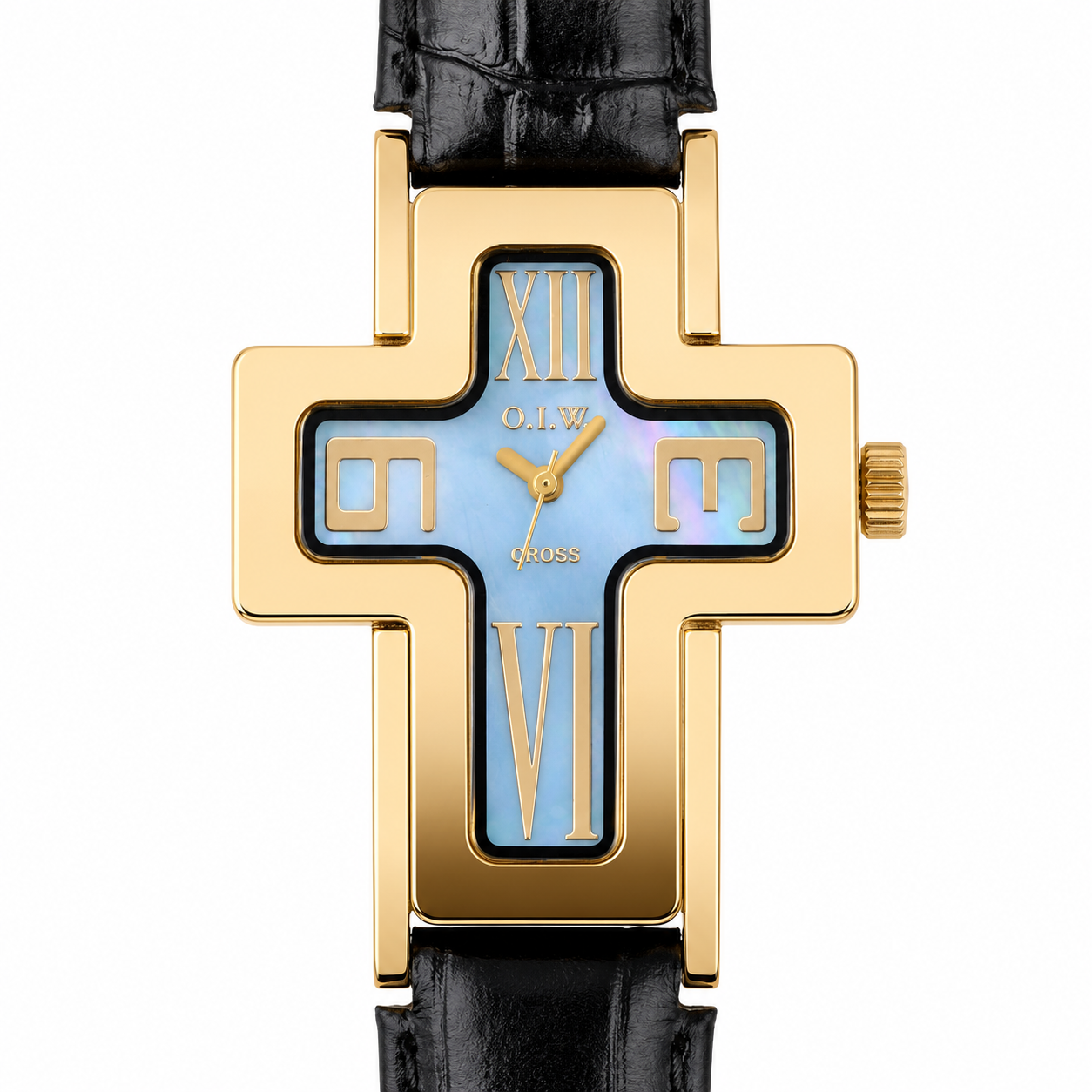 O.I.W. Cross Gold Madreperla Blu - Orologio Donna Cassa a Croce Gold Quadrante Madreperla Blu Cinturino Pelle Nero