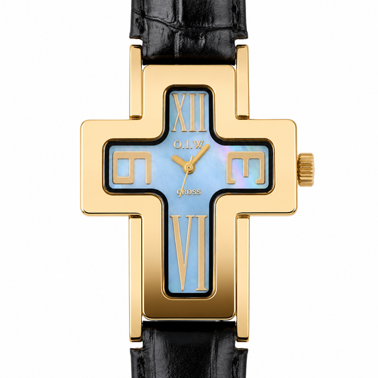 O.I.W. Cross Gold Madreperla Blu - Orologio Donna Cassa a Croce Gold Quadrante Madreperla Blu Cinturino Pelle Nero