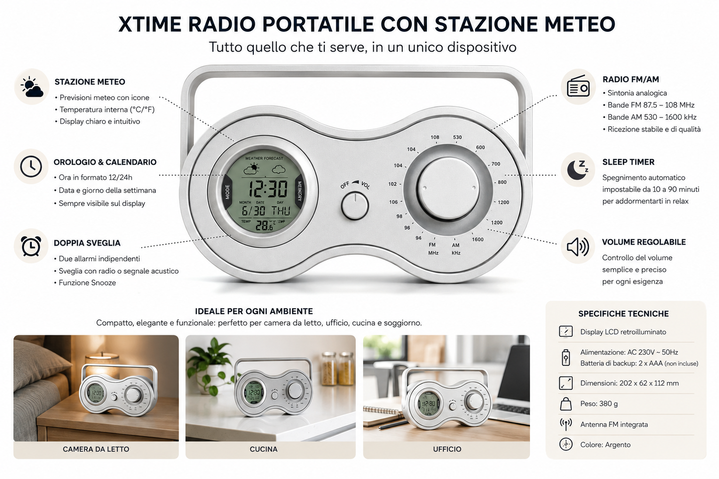 XTime Radio Portatile con Stazione Meteo – FM/AM, Temperatura e Umidità