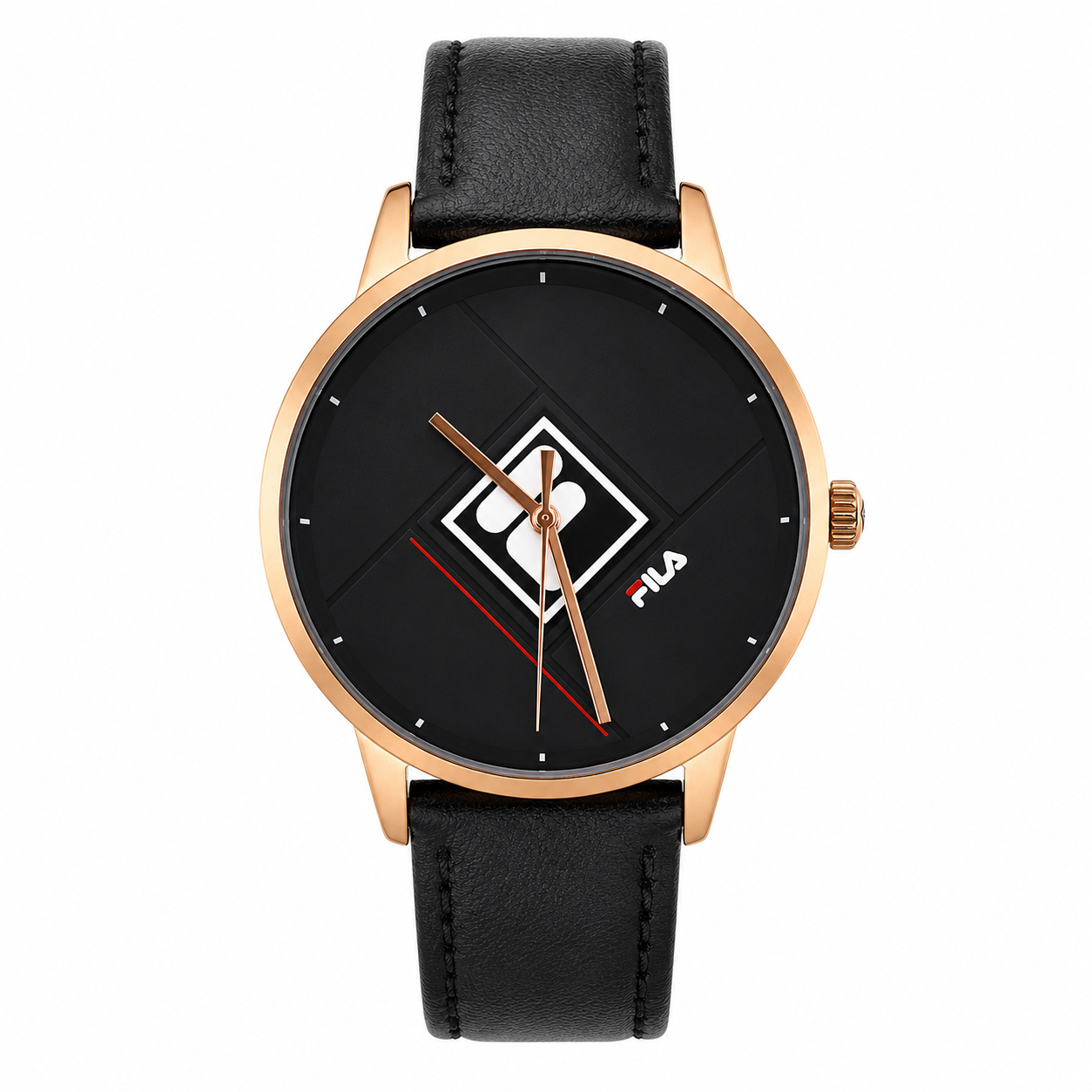 FILA Heritage Watch – Quadrante Nero Geometrico, Cassa Rose Gold e Cinturino in Pelle Nera