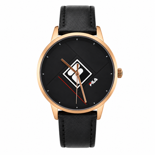 FILA Heritage Watch – Quadrante Nero Geometrico, Cassa Rose Gold e Cinturino in Pelle Nera