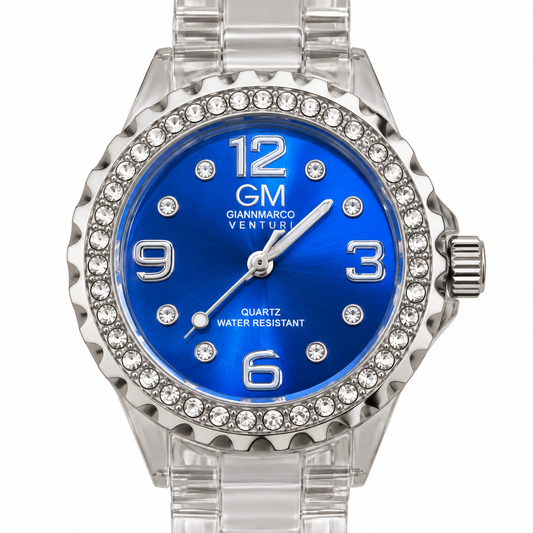 Orologio Gianmarco Venturi con quadrante blu elettrico, ghiera brillante e bracciale trasparente a maglie