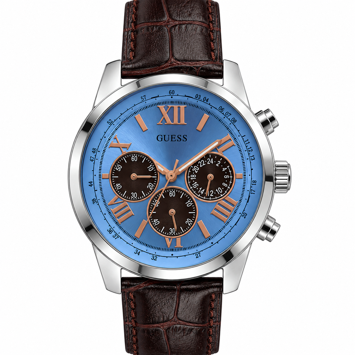 Orologio Guess W0380G1 con quadrante azzurro e cinturino in pelle marrone