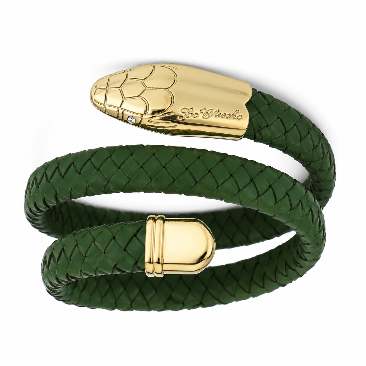 Le Chicche – Bracciale Serpente Cuoio Intrecciato Verde con Testa in Oro e Cristallo