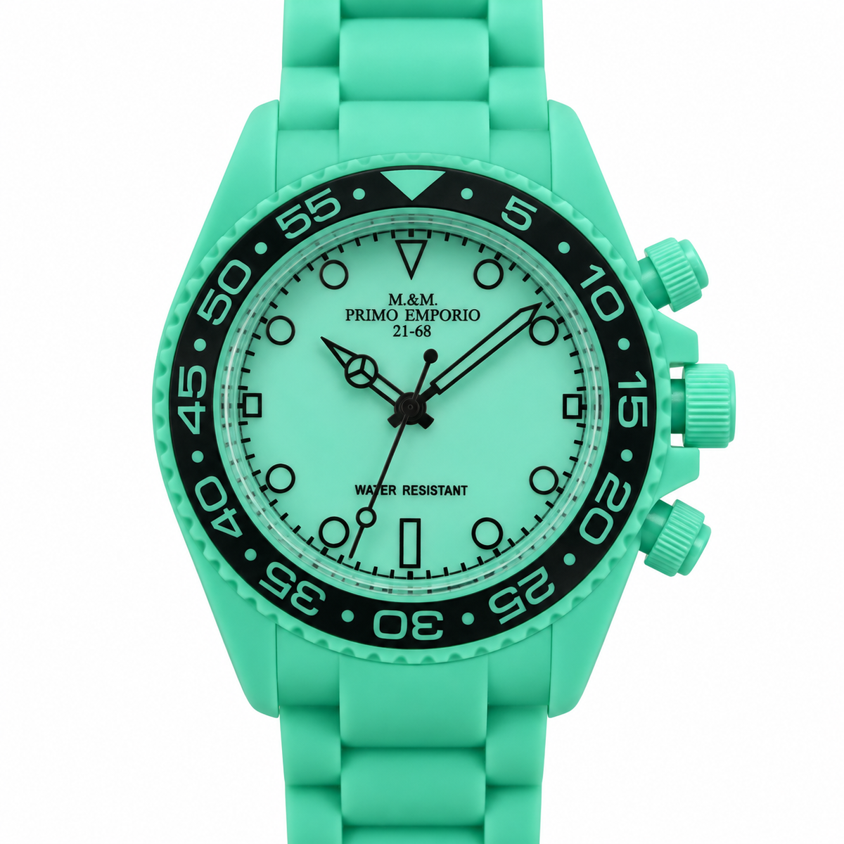 Orologio M&M Primo Emporio 21-68 verde menta con ghiera nera, vista frontale