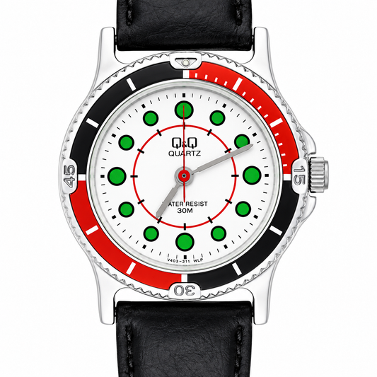 Q&Q Quartz – Orologio Uomo Diver Style Bezel Bicolore Indici Verdi 30M