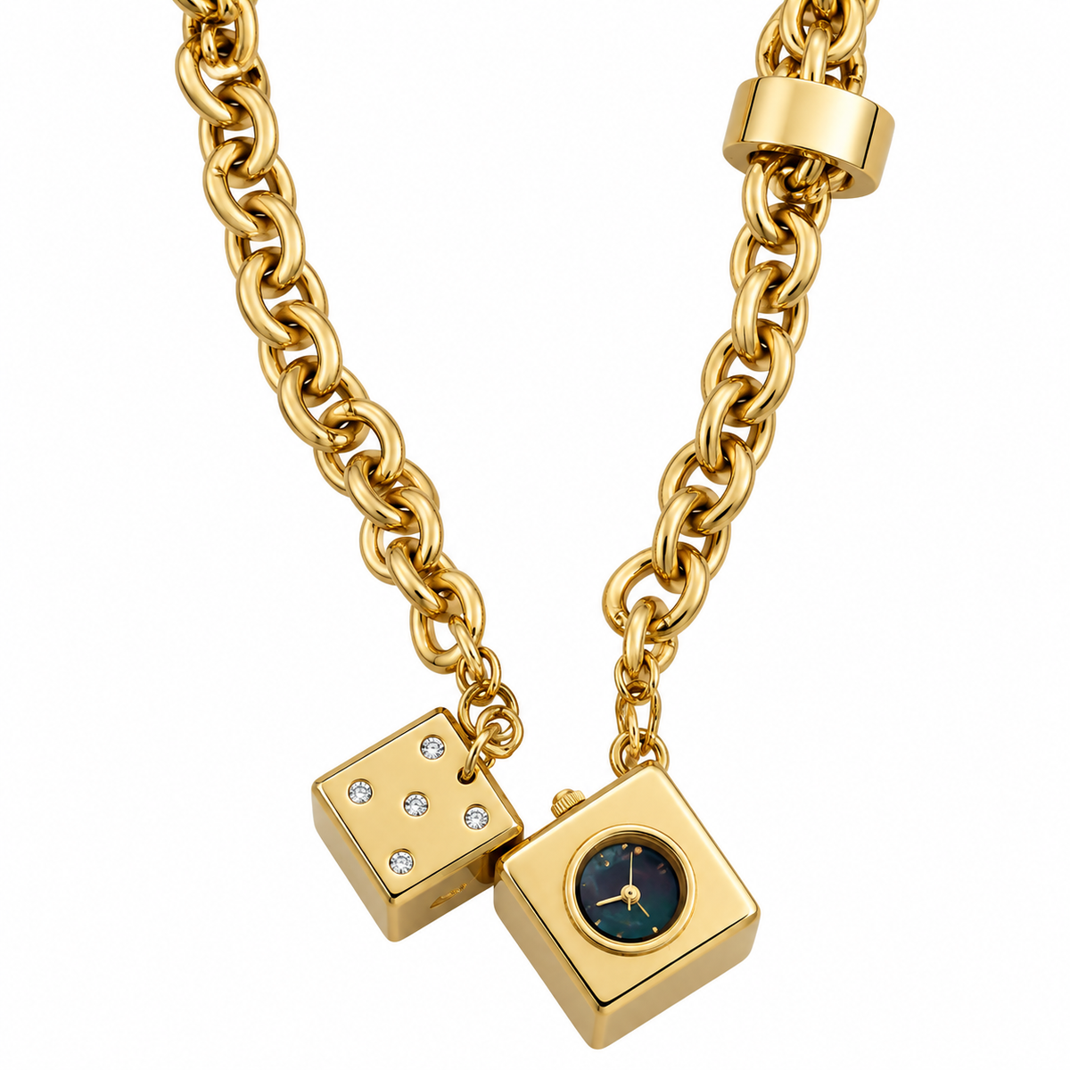 M.&M. Primo Emporio 21-68 — Collana Charm Targhetta Logo Mini Orologio Cubo Dado Cristalli Catena Rolo Gold e Silver