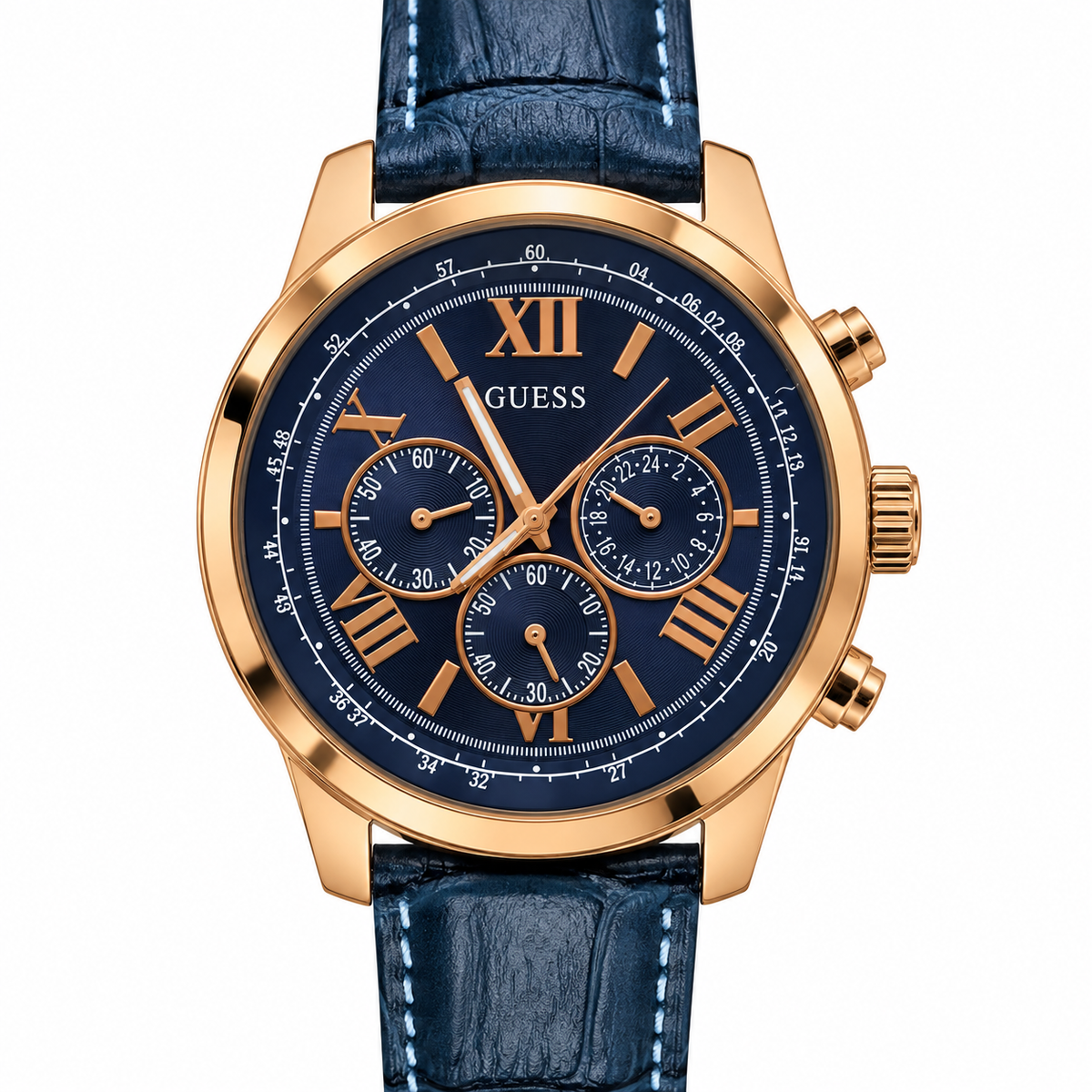 Orologio Guess W0380G5 con quadrante blu, dettagli oro rosa e cinturino in pelle